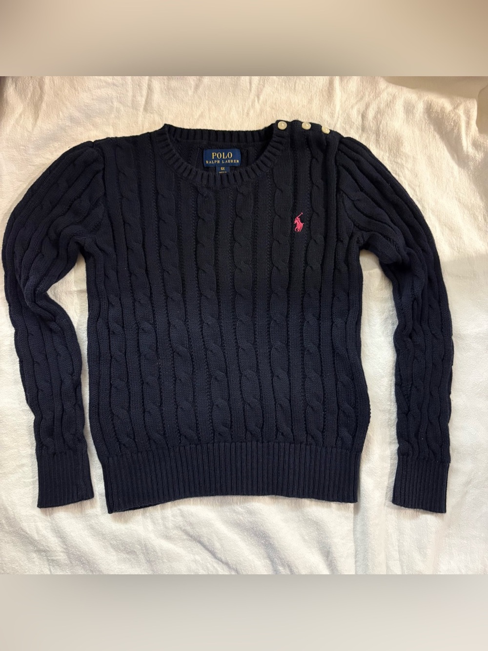 Polo by Ralph Lauren Navy Cable-Knit Crewneck Sweater with Pink Pony